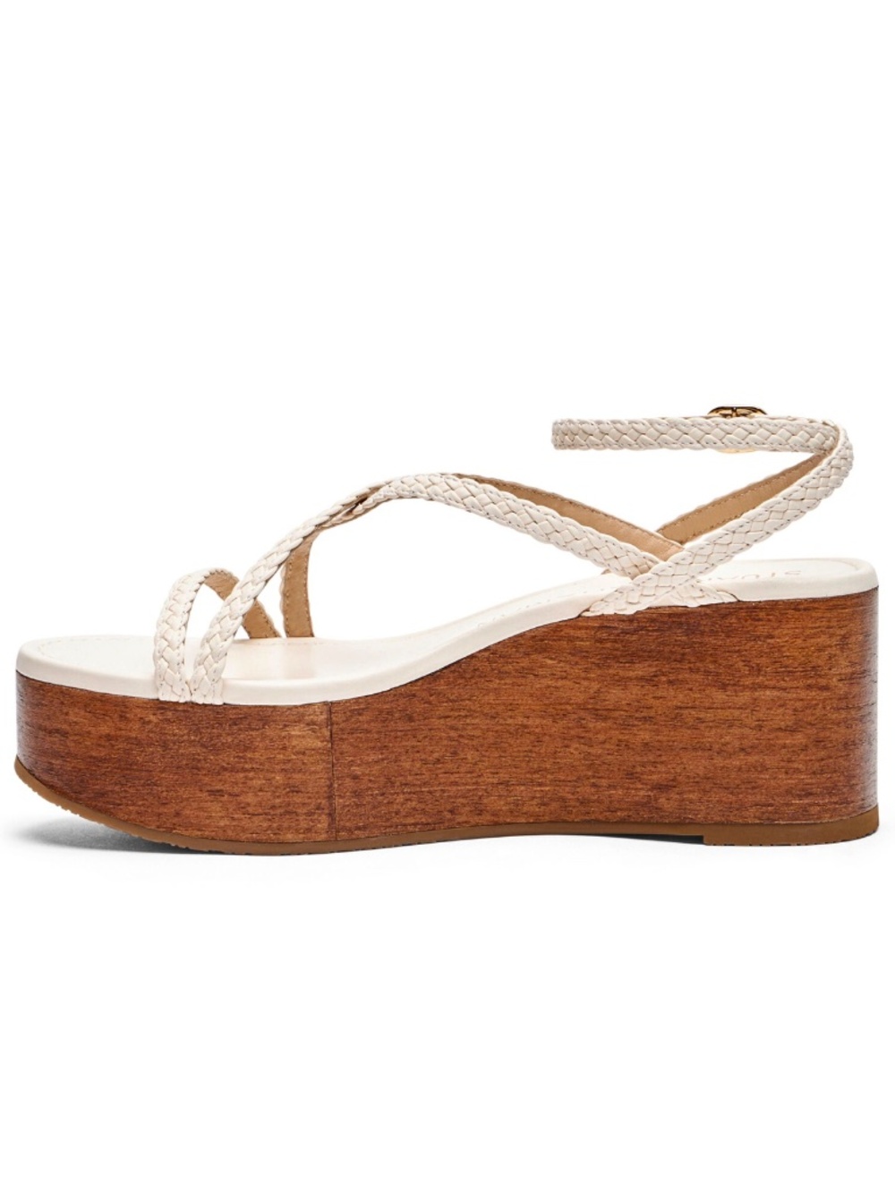 STUART WEITZMAN NIB WOVETTE SEASHELL WALLNUT WOOD WEDGE SANDAL. SIZE 9 B - Picture 11 of 16